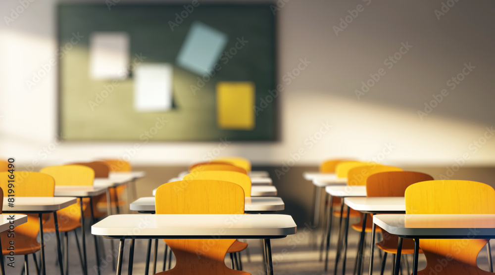 Poster classroom with rows of desks and chairs, a chalkboard in the background, warm light, concept of educ