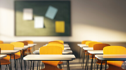 Classroom with rows of desks and chairs, a chalkboard in the background, warm light, concept of education. 3D Rendering