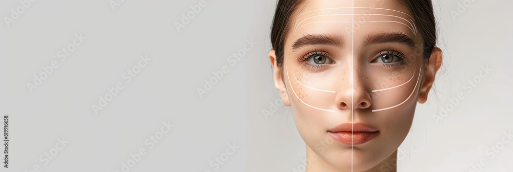 Poster close-up of a womans face with precise contouring lines drawn across it to highlight potential cosme