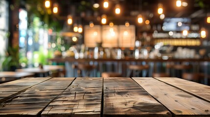 Fototapeta premium Wooden board empty table in front of blurred background Perspective brown wood over blur in coffee shop can be used for display or montage your productsMock up for display of product : Generative AI