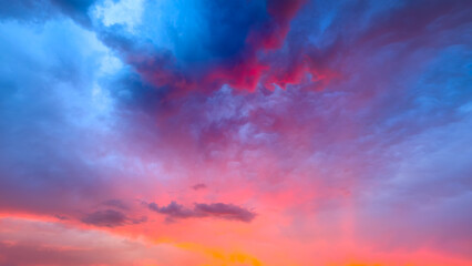 Panorama. Sky with clouds during sunset. Nature. Clouds and blue sky. A high-resolution photograph....