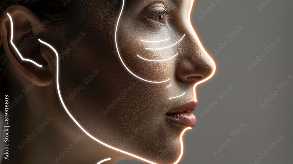 Poster Close-up of a womans face with precision lines drawn to indicate potential areas for cosmetic enhancements such as contouring and highlighting. Generative AI