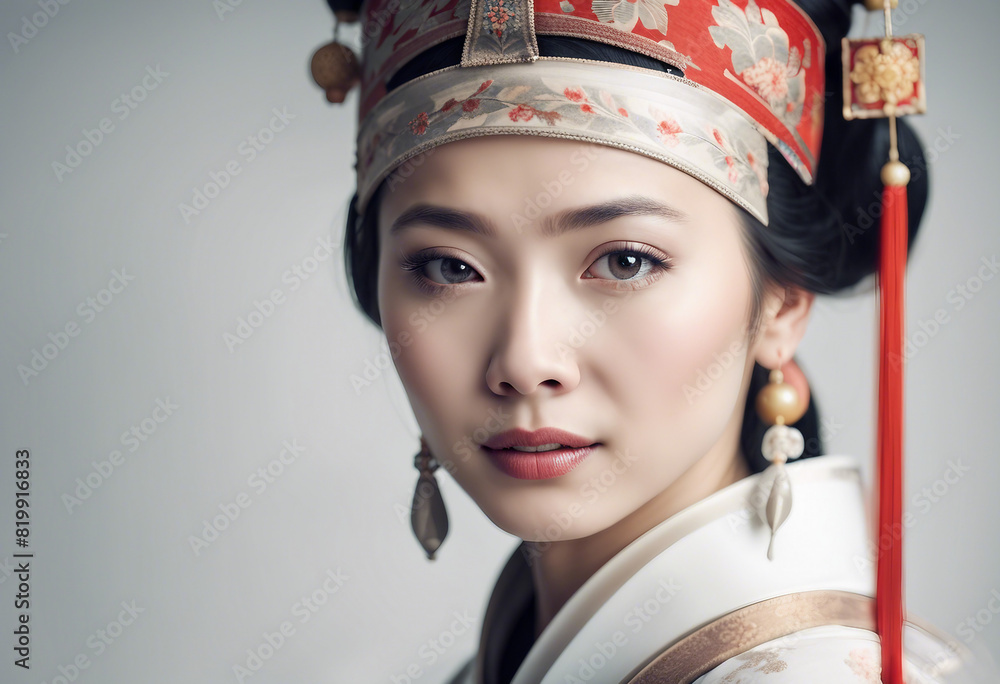 Wall mural portrait of a Chinese woman with a beautiful in traditional clothes, isolated white background
