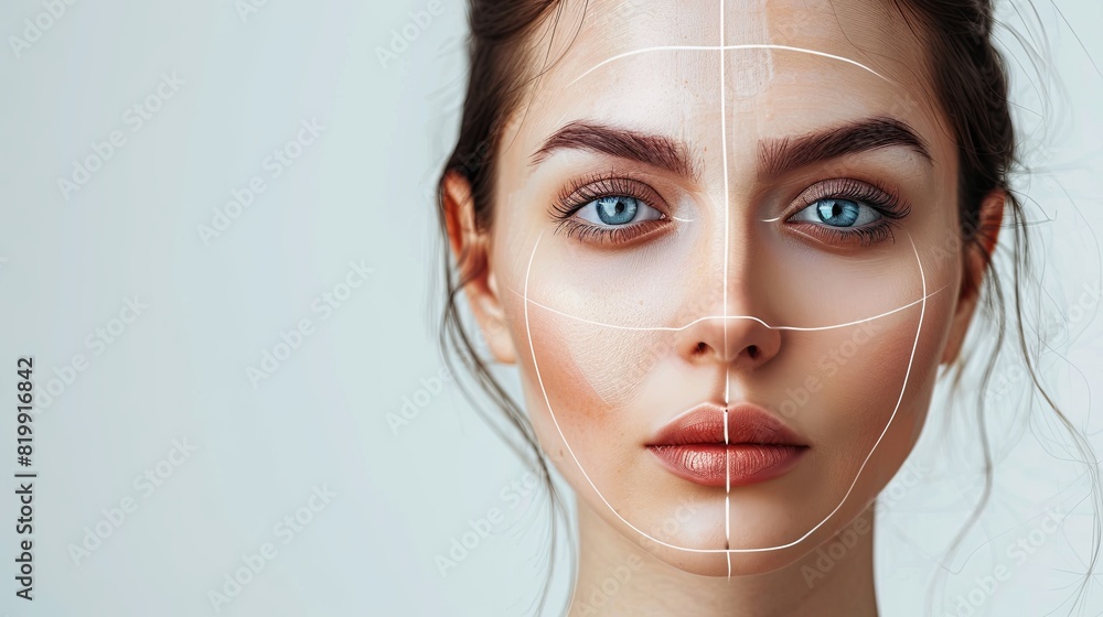Poster a close-up of a womans face with precise lines drawn across it, emphasizing potential cosmetic enhan
