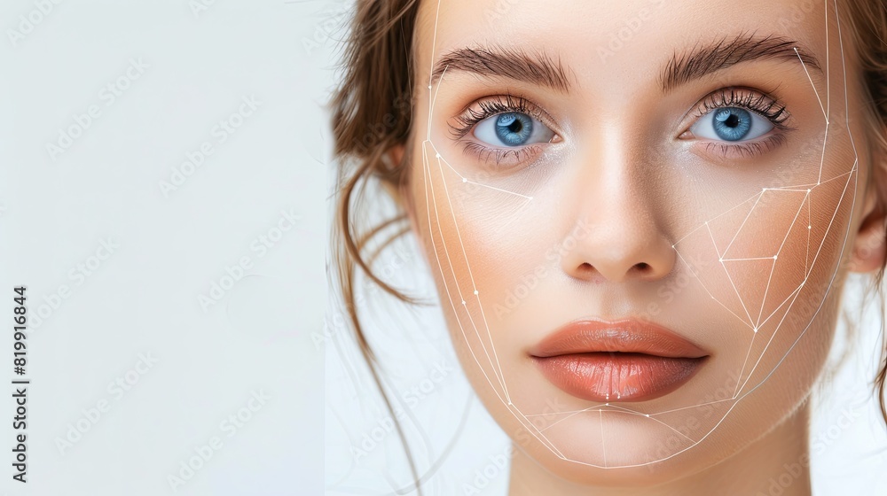 Poster a close-up view of a womans face with contouring lines drawn to highlight potential cosmetic enhance