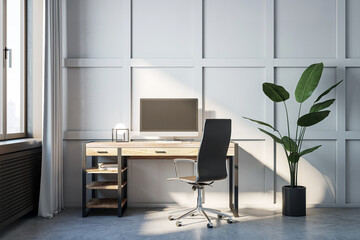 Modern home office interior with a computer on the desk, a plant, and a simple geometric background. 3D Rendering