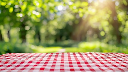 Food background Picnic table with tablecloth for food product display over blur green nature outdoor background Table top desk cover with white and red pattern clothing and blurred gar : Generative AI