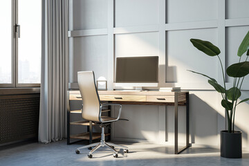 A modern home office interior with a desk, chair, and computer on a sunny day, against a window with city view, concept of remote work. 3D Rendering