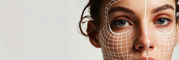 Close-up of a womans face with lines drawn to highlight potential cosmetic enhancement areas. Generative AI