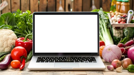 Laptop computer with mockup white screen on vegetarian healthy food vegetable background Online grocery shopping delivery app ads concept cook book diet plan nutrition recipes close up : Generative AI