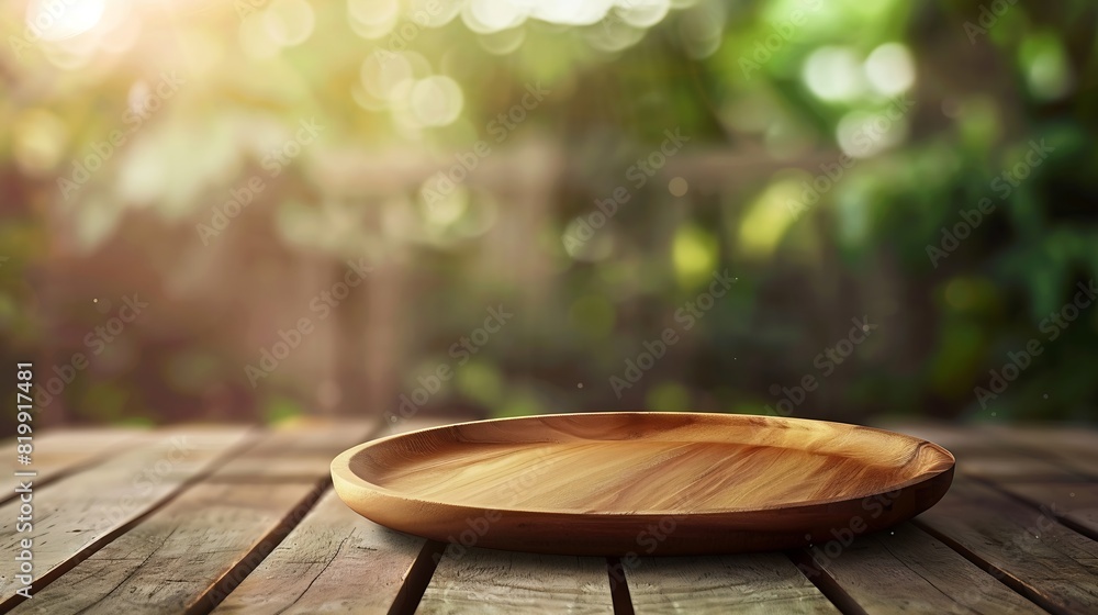 Poster empty wooden plate on wood table soft blurry background of free space for your copy and branding use