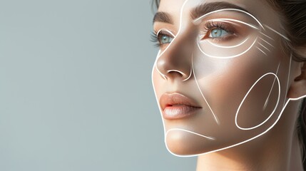 A close-up of a womans face with graphic contouring lines drawn on it, highlighting potential cosmetic enhancement areas. Generative AI