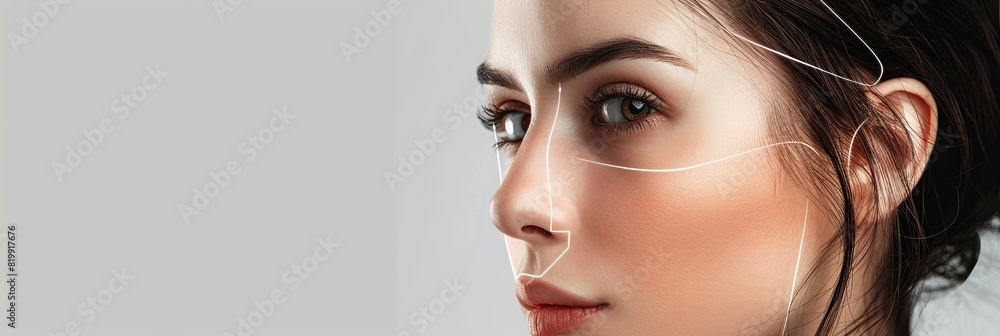 Poster a close-up of a womans face with precise lines drawn on it to emphasize potential cosmetic enhanceme