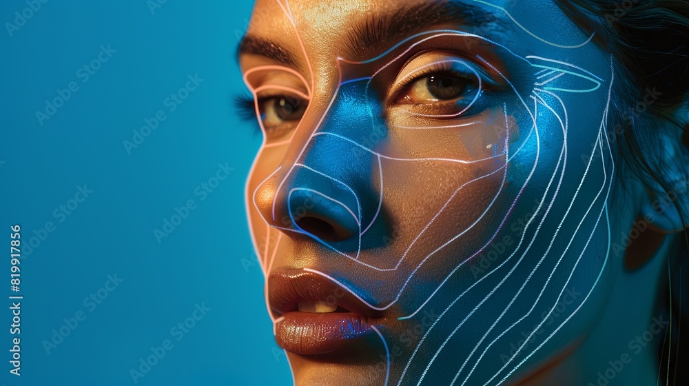 Poster a close-up of a womans face with detailed lines drawn on it to highlight potential areas for cosmeti