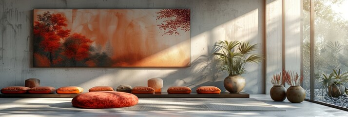 A room featuring a sizable painting and a vibrant red ottoman