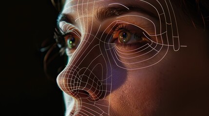 A womans face with graphic contouring lines emphasizing potential areas for cosmetic enhancement. Generative AI