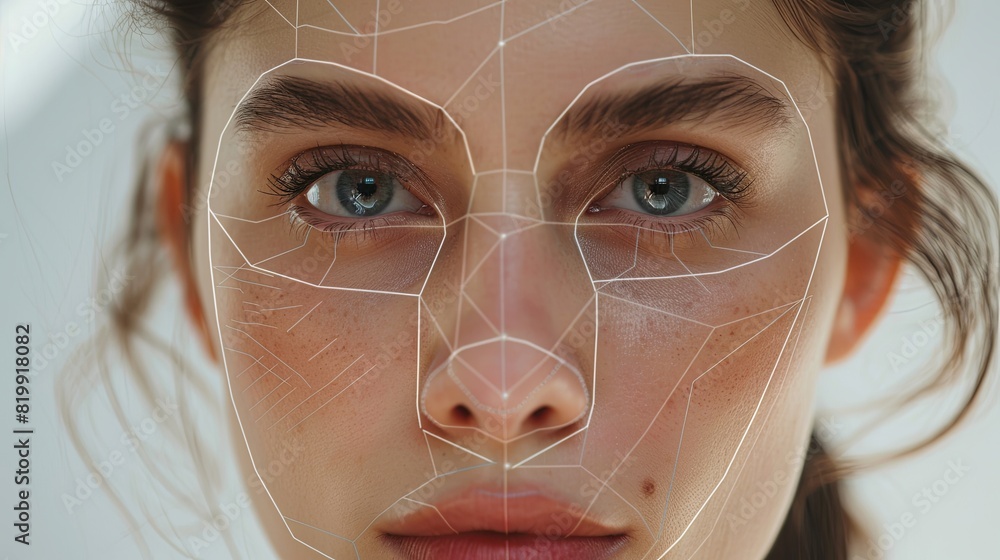 Poster a close-up of a womans face with precise lines drawn on it, highlighting potential cosmetic enhancem