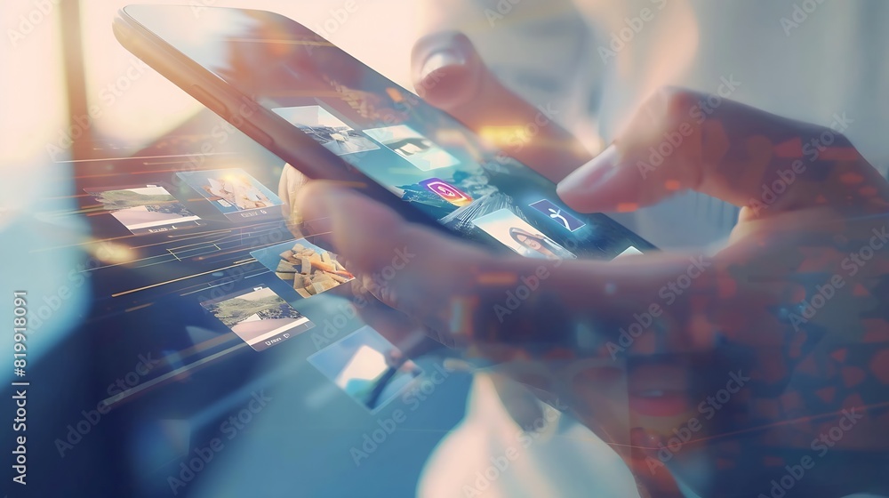 Poster Closeup Macro Person Holding and Using Smartphone Browsing through Pictures on Social Network Wall Finger Scrolling Social Media App Feed Travel Animals Food Mockup Application Design : Generative AI