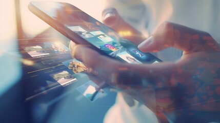 Closeup Macro Person Holding and Using Smartphone Browsing through Pictures on Social Network Wall Finger Scrolling Social Media App Feed Travel Animals Food Mockup Application Design : Generative AI