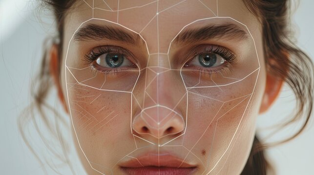 A close-up of a womans face with precise lines drawn on it, highlighting potential cosmetic enhancement areas. Generative AI