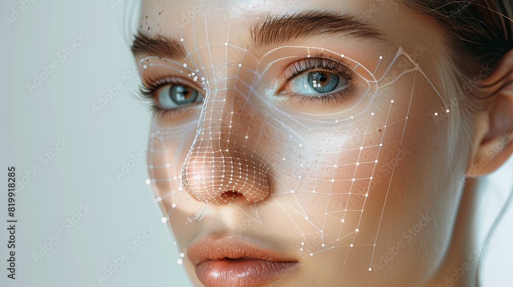 Poster a close-up of a womans face with precise lines and dots marking potential cosmetic enhancement areas
