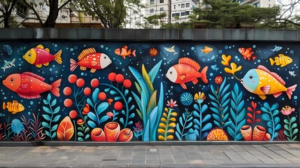 A vibrant mural painted on one wall, depicting a whimsical underwater world inhabited by friendly...