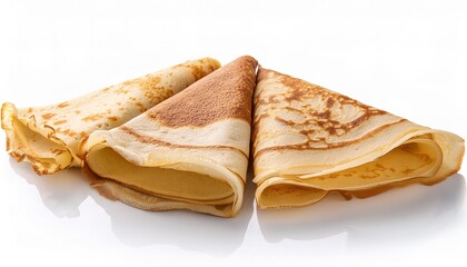 Homemade thin crepe or crepes, tasty food. Staple of yeast pancakes, traditional for Russian blini pancake. Thin pancake with crispy crust isolated on white background