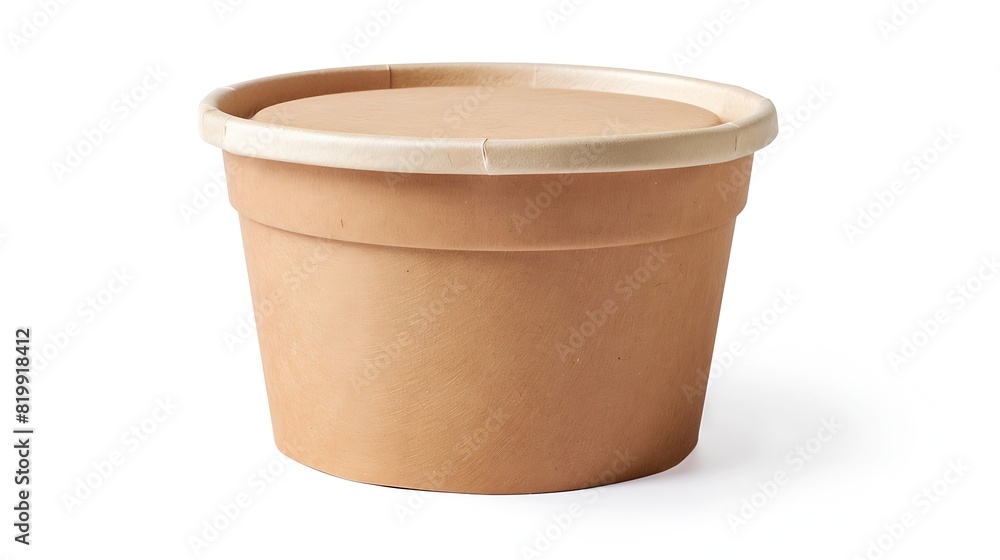 Poster front view of brown disposable paper bowl with plastic lid isolated on white : generative ai