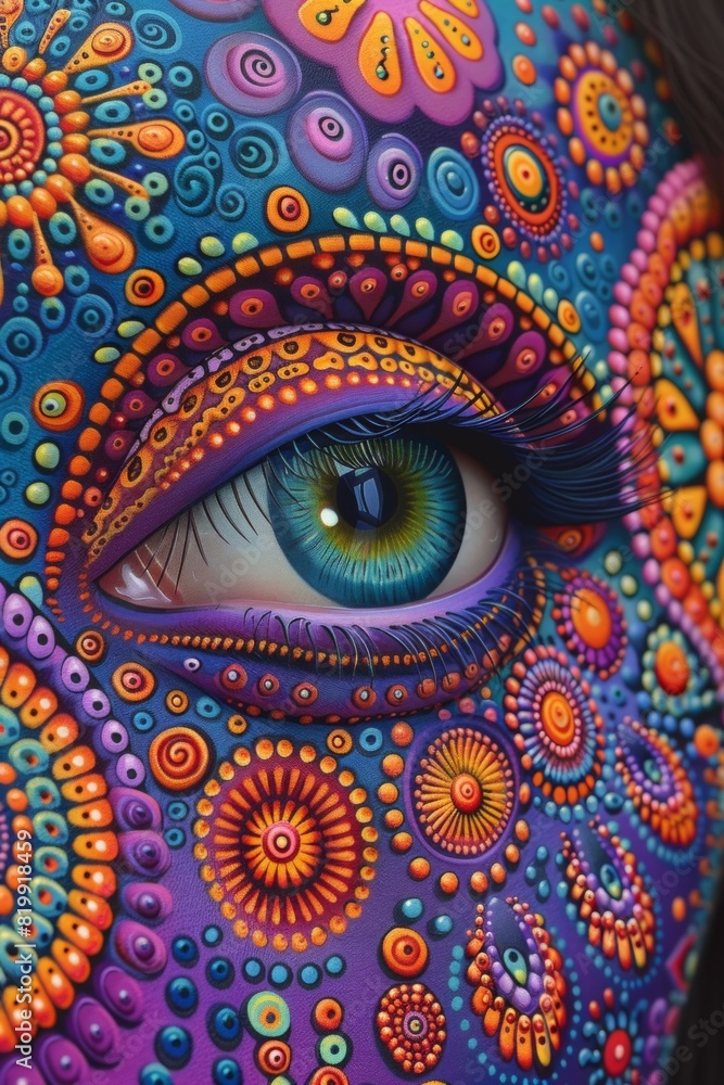 Poster a close up of a face painted with colorful designs and patterns, ai