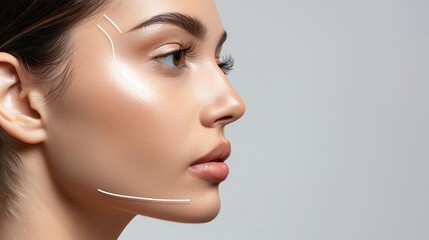 Fototapeta premium A womans face with graphic contouring lines highlighting potential cosmetic enhancement areas. Generative AI