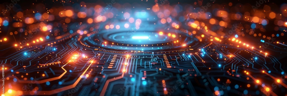 Poster a computer circuit board lit up by numerous lights