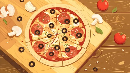 A delicious pizza with meat and cheese toppings on a wooden board.