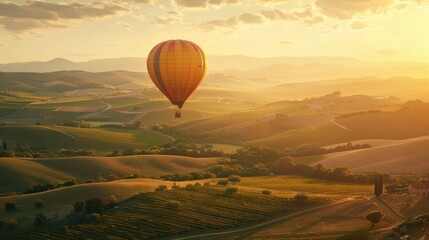A couple relaxing in a hot air balloon, soaring above rolling hills and vineyards, experiencing the wonder of aerial travel
