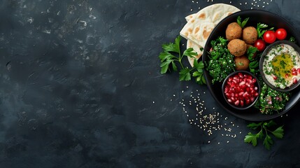 Table served with middle eastern traditional dishes Bowl with falafel doner kebap vegetarian pita...