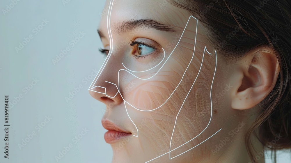 Poster close-up of a womans face with precise lines drawn to emphasize potential cosmetic enhancement areas