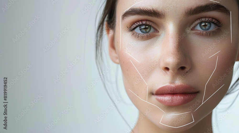 Poster a womans face with precise lines drawn on it to highlight potential cosmetic enhancement areas. gene