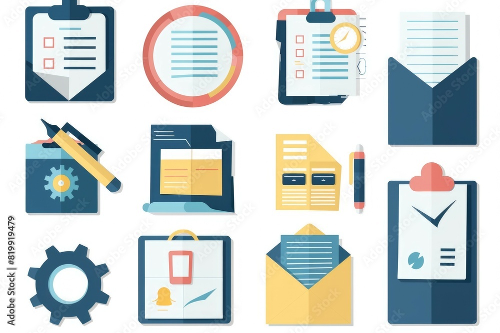 Poster collection of flat design icons including a notepad, pen, clock and more. great for various design p