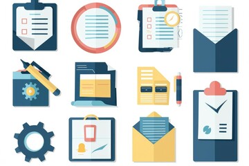 Collection of flat design icons including a notepad, pen, clock and more. Great for various design projects