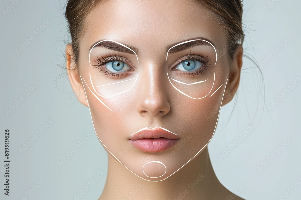 Poster a womans face with lines drawn on it, illustrating potential areas for cosmetic enhancement through 
