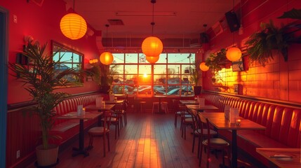 A restaurant with a large window and lots of tables, AI