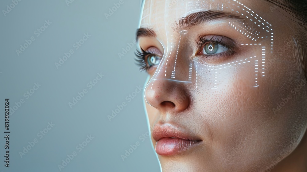 Poster a close-up of a womans face with lines drawn on it to highlight potential cosmetic enhancement areas
