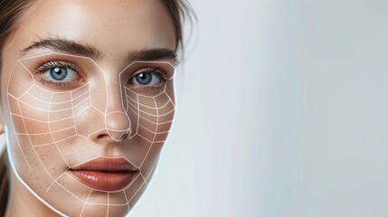 Close-up of a womans face featuring graphic contouring lines emphasizing cosmetic enhancement areas. Generative AI