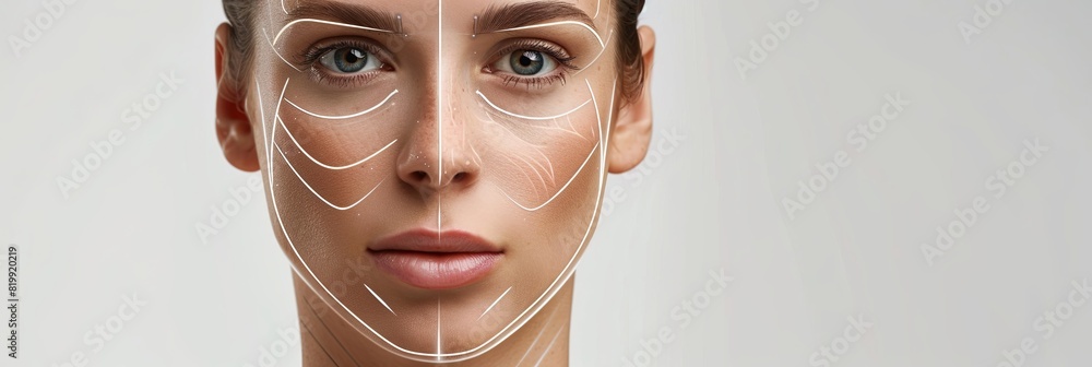 Poster close-up view of a womans face with graphic contouring lines drawn to emphasize potential cosmetic e