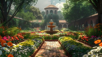 A peaceful church garden, adorned with vibrant flowers and winding pathways leading to a tranquil fountain - Powered by Adobe