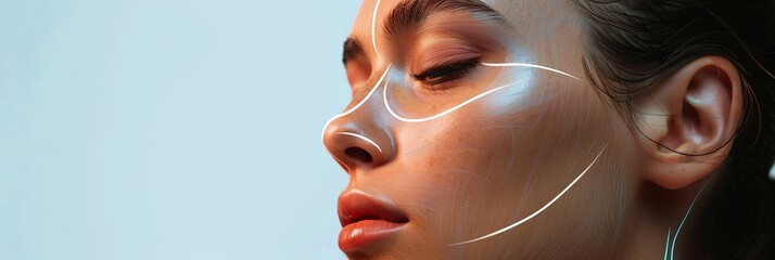 A woman with white graphic contouring lines on her face highlighting potential cosmetic enhancement areas. Generative AI