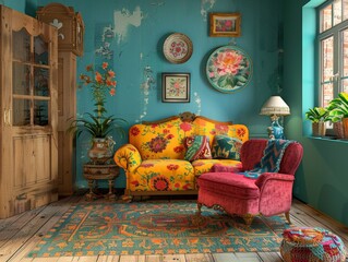 Nostalgic Afternoon in a Retro-Themed Room with Vintage Furniture and Colorful Textiles
