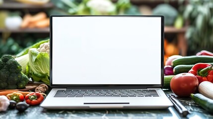 Laptop computer with mockup white screen on vegetarian healthy food vegetable background Online grocery shopping delivery app ads concept cook book diet plan nutrition recipes close up : Generative AI