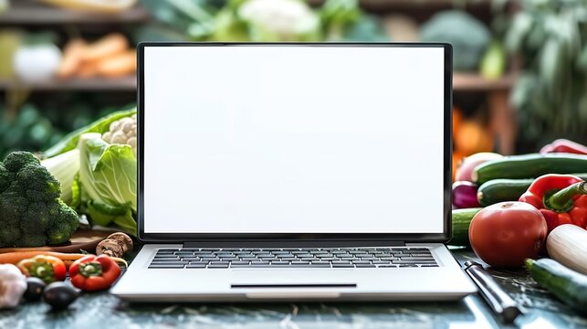 Laptop computer with mockup white screen on vegetarian healthy food vegetable background Online grocery shopping delivery app ads concept cook book diet plan nutrition recipes close up : Generative AI