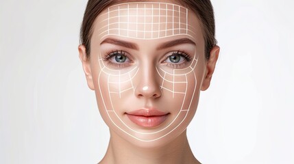 A womans face with graphic contouring lines highlighting potential cosmetic enhancement areas. Generative AI