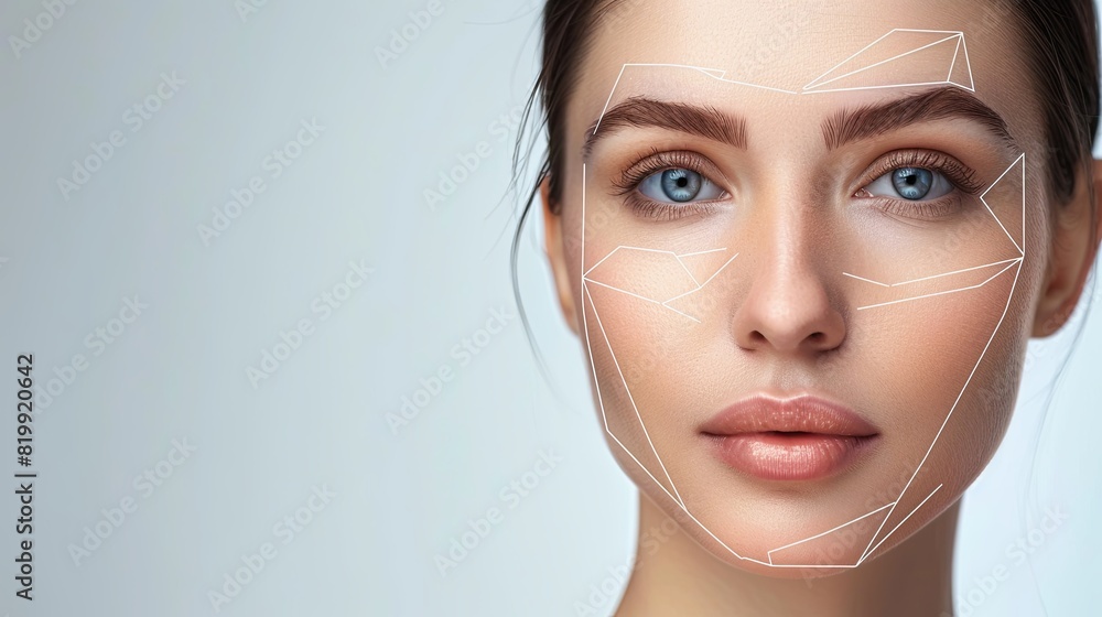 Leinwandbilder A close-up of a womans face with lines drawn on it, emphasizing potential cosmetic enhancements in various areas. Generative AI